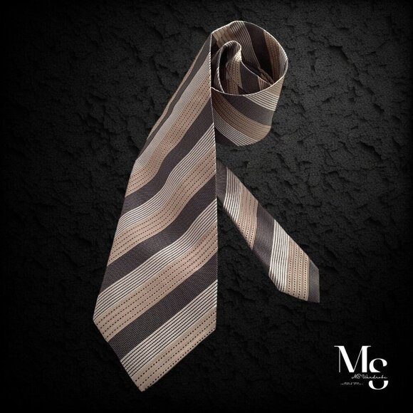 ERMENEGILDO ZEGNA Beige Striped Luxury Silk Tie Italy W: 3.
